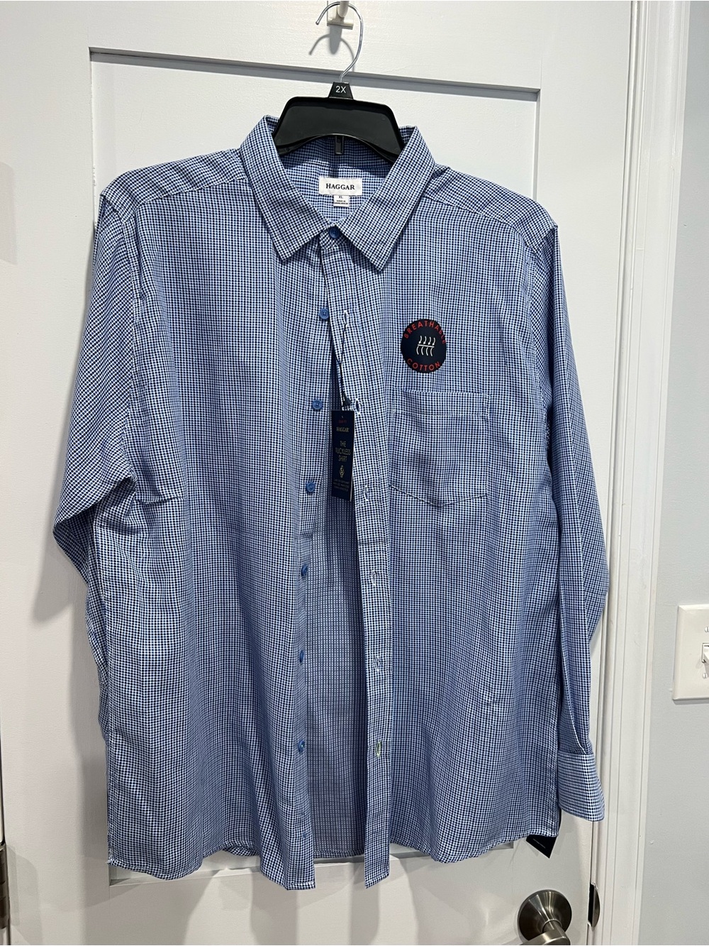 Haggar Men's Light Blue Micro-Check Button-Down Shirt